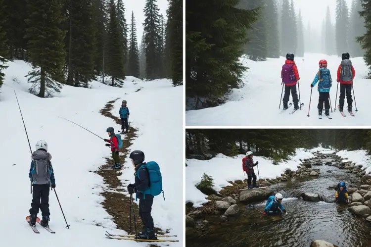 Children hiking along forest trails, fishing in streams, and skiing down snowy slopes.
