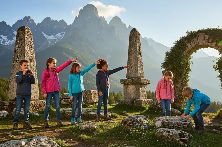 Children exploring local landmarks, mountain peaks in the background.