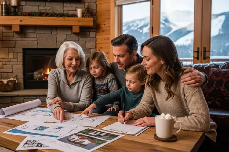 Family reviewing home plans listings in a cozy mountain cabin. -mountain valley living