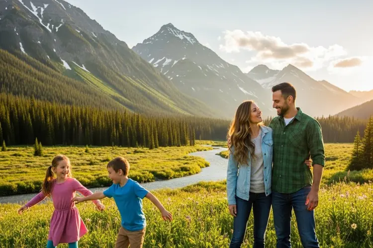 Happy family standing in a scenic mountain valley, children playing in foreground.