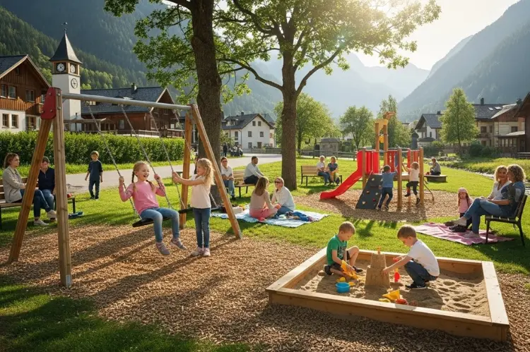 Children playing safely in a small mountain town park, neighbors watching with friendly smiles.