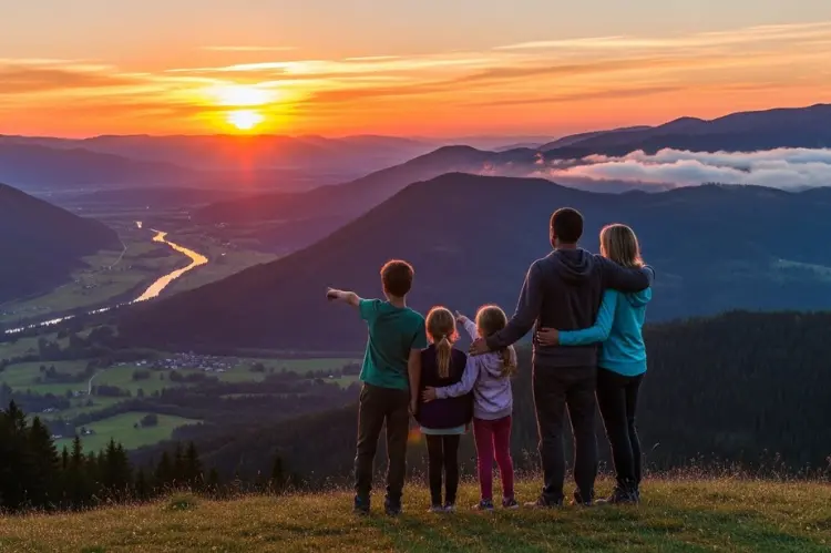 Parents and children standing on a hilltop overlooking a mountain valley at sunset.